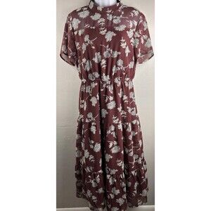Lulus Dress Womens M Burgundy Floral Short Sleeve Tiered Prairie Feminine New